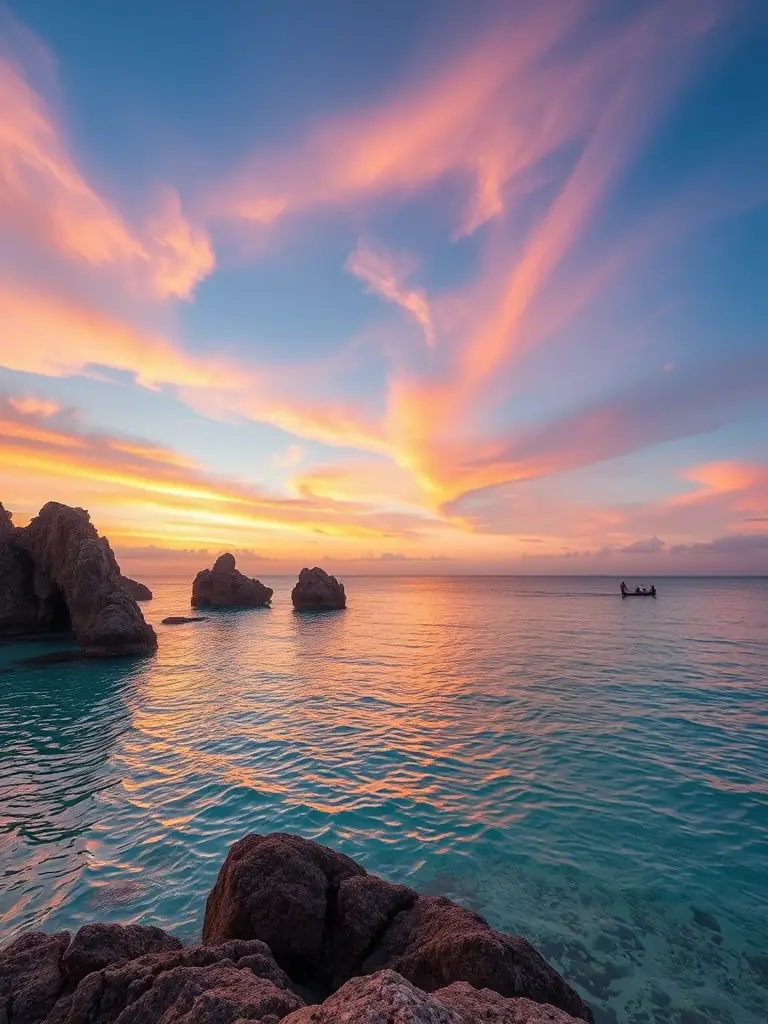 A vibrant photo of Pantai Krakal at sunset, showcasing its unique rock formations and clear turquoise waters, with local fishermen in the distance.