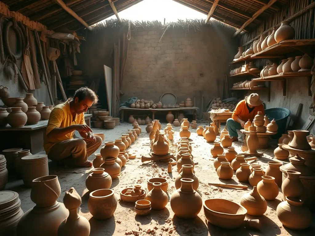 A picturesque image of a traditional pottery village in Lombok, Indonesia, showcasing local artisans crafting intricate pottery pieces using traditional techniques.