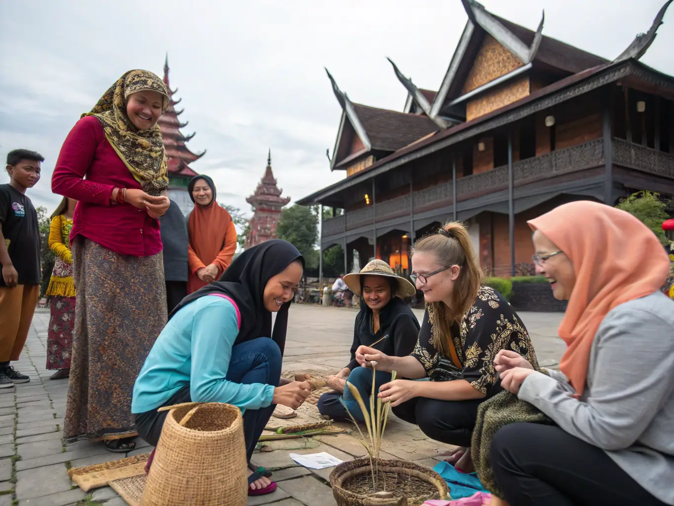 A traditional Javanese village, highlighting the cultural heritage and local traditions of the region, with tourists participating in a cultural workshop.