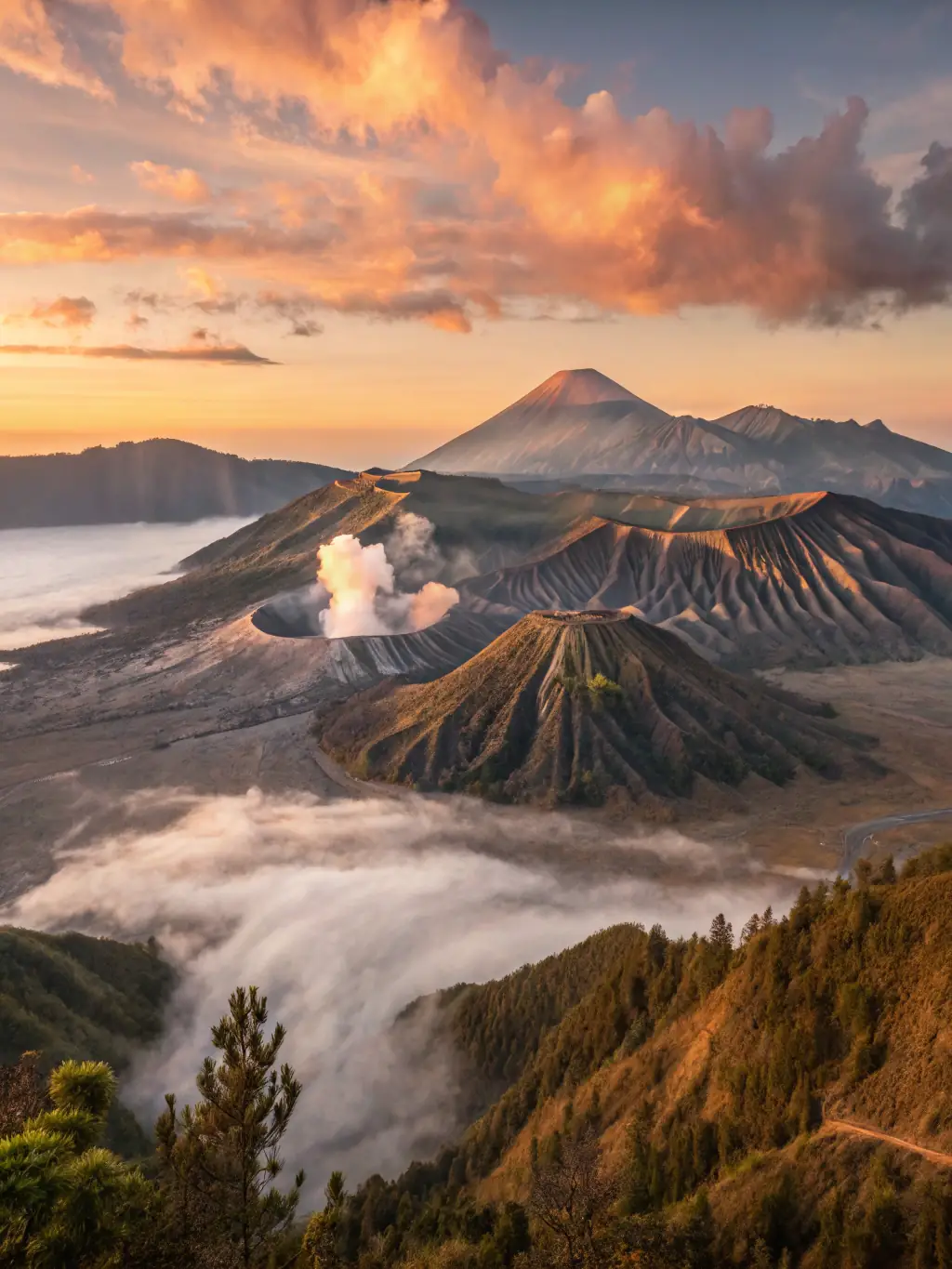 A panoramic view of Mount Bromo at sunrise, with the volcanic landscape shrouded in mist and the sun casting a golden glow.
